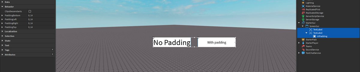 programmer_lua's tweet image. #Roblox #RobloxDev
Did you know?
If you add a UIPadding within a text label, it will actually affect the text itself. It will move the text around and if it goes on two opposite sides it will then scale the text depending on the set padding.
(TextScaled -&amp;gt; true) only