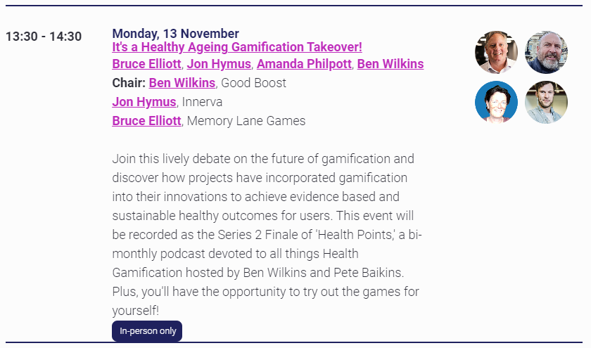 LPDementia's tweet photo. It's a Healthy Ageing Gamification Takeover! On Monday 13 November @HealthyAgeingUK Conference, @eargymAmanda @eargym @IOMbruce @MemoryLaneGame1, two of our discovery award teams, will join a lively debate on the future of gamification with @CommunityMSK.  https://t.co/A2FrmQ8gB3 https://t.co/m5HTtKCw5Y