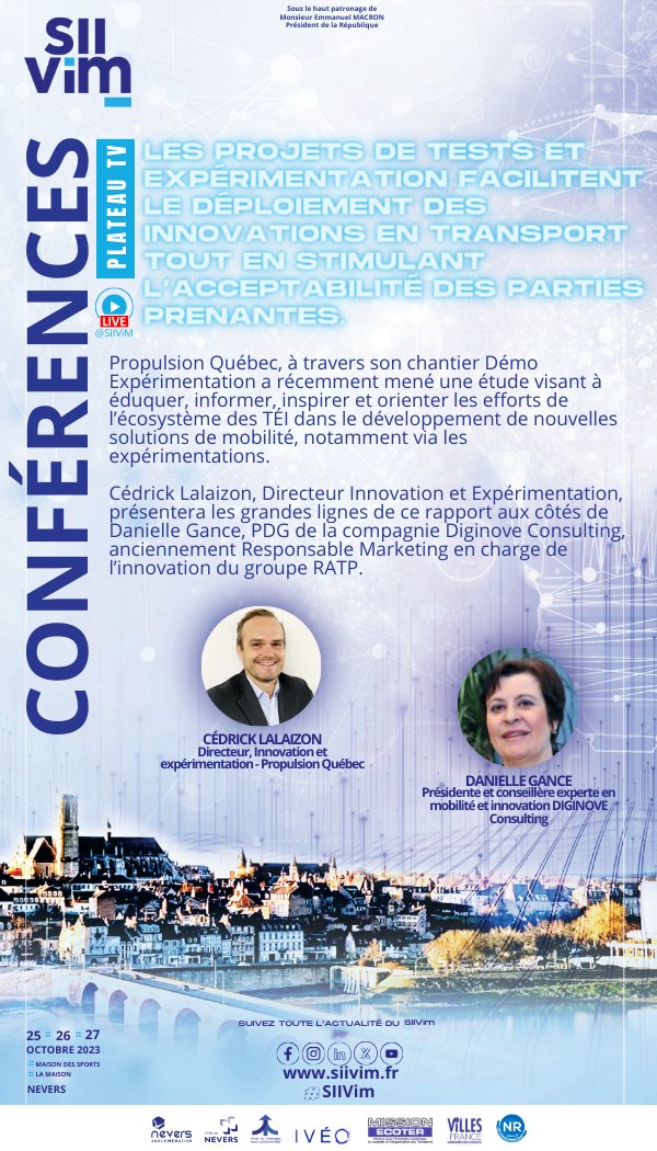 🔴#Live #SIIVim édition 2023 | 25-27 oct. | Nevers - Maison des Sports
sur lnkd.in/e-uF5RTZ

👉#CONFERENCE : LES PROJETS DE TESTS ET EXPÉRIMENTATION FACILITENT LE DÉPLOIEMENT DES INNOVATIONS EN TRANSPORT TOUT EN STIMULANT L’ACCEPTABILITÉ DES PARTIES PRENANTES.