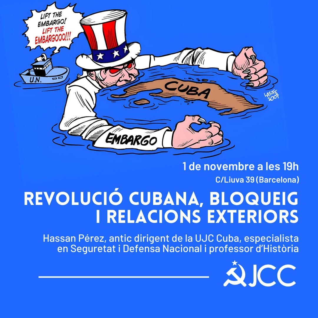 jcc_cat's tweet photo. 📆 Dimecres vinent, 1 de novembre, a les 19h ens veurem a Liuva per formar-nos sobre el bloqueig yanki a Cuba.

Tindrem amb nosaltres a Hassan Pérez, especialista en Seguretat i Defensa Nacional i antic dirigent de la UJC.

✊🏻🇨🇺 Us hi esperem! https://t.co/Oxte09cIIA