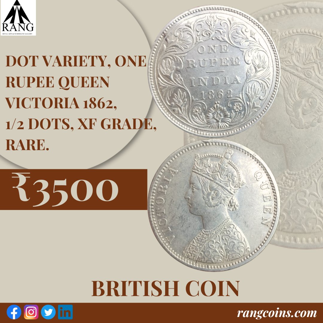 Dot Variety One Rupee from 1862, boasting an XF grade and half dots, Rare.
 Explore more unique finds like this on our website rangcoins.com. 🪙✨ #NumismaticTreasures #RareFinds #QueenVictoriaEra #RANGCoins #HistoricalGems #CollectibleOneRupee #AntiqueCoins'