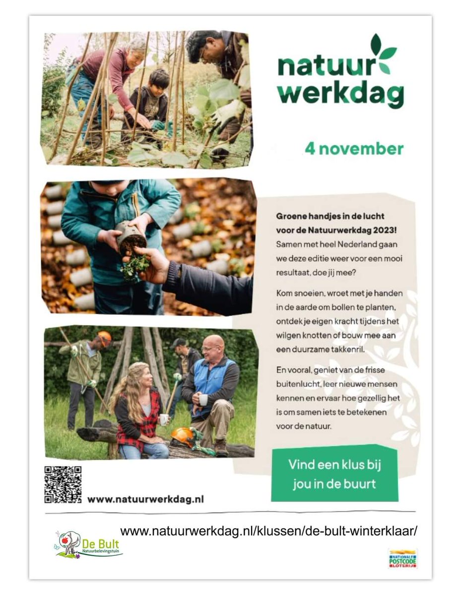 Zaterdag 4 november = Natuurwerkdag
𝗗𝗼𝗲 𝗷𝗲 𝗺𝗲𝗲? 𝗦𝘁𝗲𝗲𝗸 𝗷𝗲 𝗴𝗿𝗼𝗲𝗻𝗲 𝗵𝗮𝗻𝗱𝗷𝗲𝘀 𝗶𝗻 𝗱𝗲 𝗹𝘂𝗰𝗵𝘁!
We hebben klussen voor volwassenen én kinderen!

Lees verder: natuurwerkdag.nl/klussen/de-bul… 
<a href="/NatuurwerkdagNL/">Natuurwerkdag</a> #werkeninhetgroen #vrijwilligerswerk #burgerinitiatief