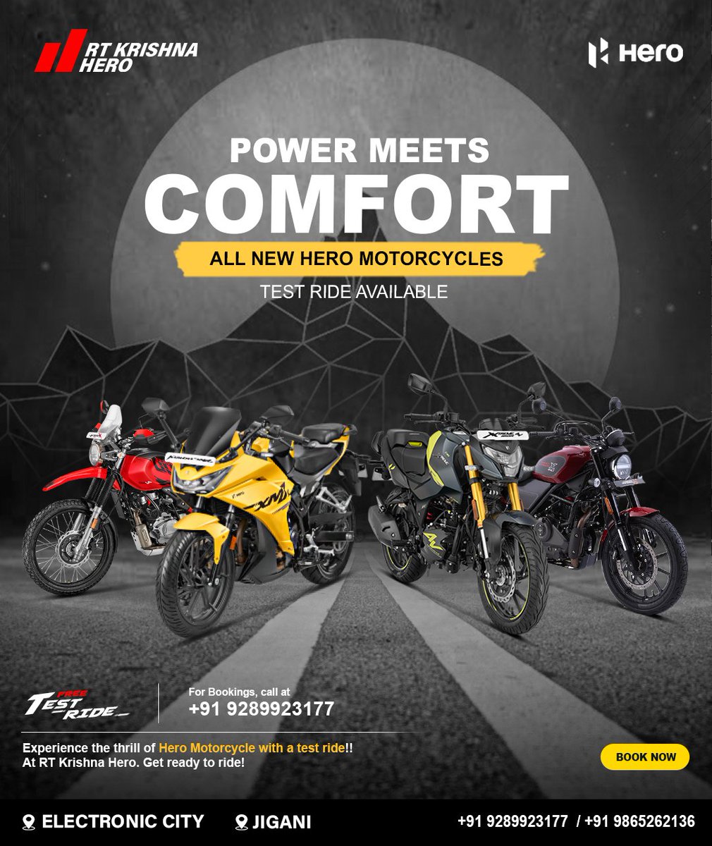 Discover unforgettable moments where power meets comfort. Test ride the latest Hero motorcycle at RT Krishna Hero. Call us at 9289923177 | 9865262136 for a test ride.
.
.
#RTKrishnaHero #heromotocorp #EasyBooking #bangalore #KarizmaXMR #xpulse200 #xtreme160r4v #harleydavidson