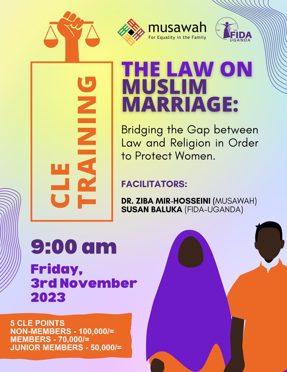 FIDA_Uganda's tweet photo. #CLETraining
#FIDAU is excited to be collaborating with @musawah for a CLE training on "The law on Muslim Marriage: Bridging the gap between Law and Religion in order to protect women".
โฐ| 9:00 AM
๐๏ธ| Friday, 3rd November, 2023
Link to be shared soon! https://t.co/EVqzFpxGxM