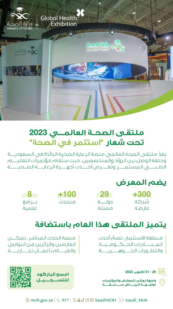 SaudiMOH's tweet photo. أحدث الابتكارات وتقنيات الرعاية الصحية في مجالات نوعية مختلفة تستعرضها كبرى الشركات العالمية والإقليمية والمحلية، في الرياض عبر #ملتقى_الصحة_العالمي 2023 https://t.co/bItKCr5kcD