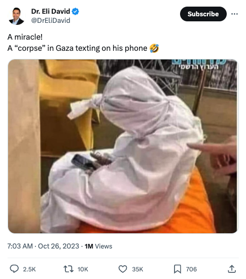 MattBinder's tweet photo. Pallywood conspiracy theorists are sharing this now-viral photo to claim Palestinians are faking images of the dead in Gaza

i traced the image to its source

the photo was originally posted on Facebook in October 2022 by a mom in Thailand

its her kid in a Halloween costume https://t.co/aMO39Bi2JS