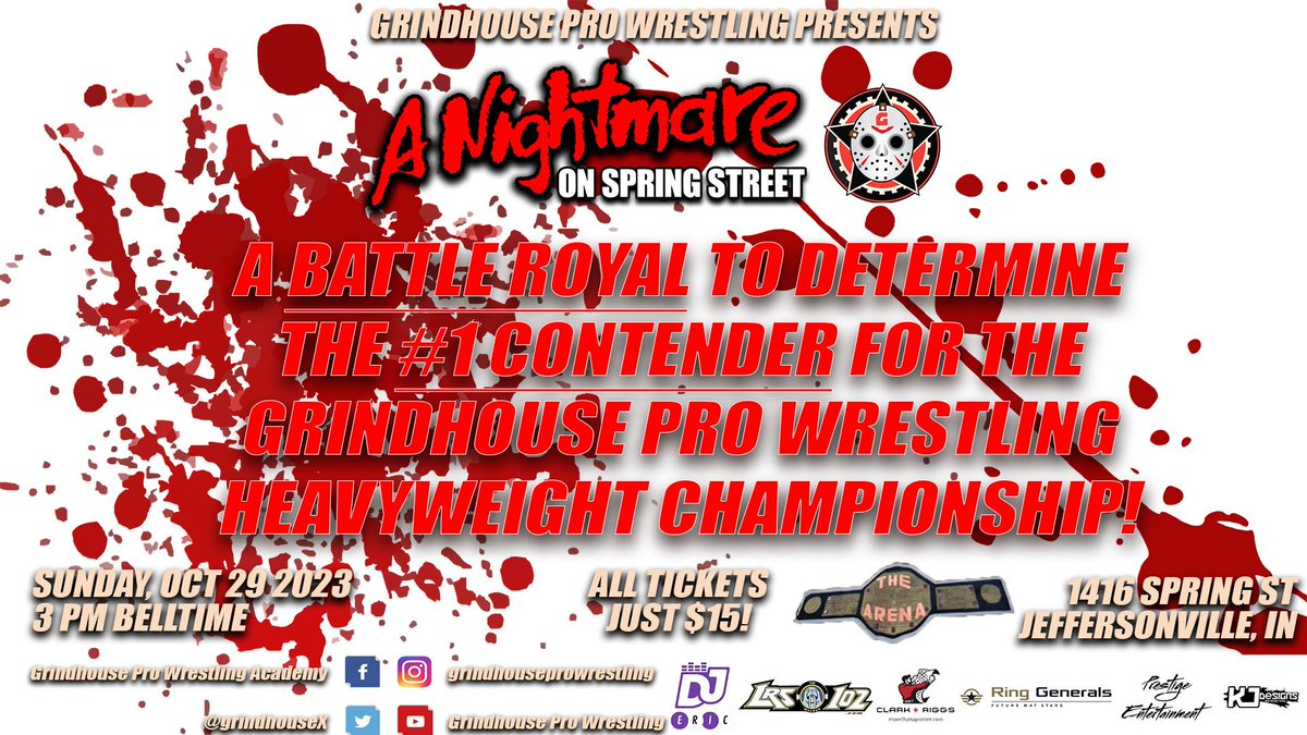 Grindhouse Pro Wrestling (@grindhousex) on Twitter photo A #1 Contender for the GPW Heavyweight Championship will be determined SUNDAY!
Sun Oct 29, 3 PM
The Arena
1416 Spring St
Jeffersonville, IN
ποΈπ: buff.ly/3M3WVwE
Sponsored by <a href="/ClarknRiggs/">Clark And Riggs</a> <a href="/LRS102TheWalrus/">Skinny J_102</a> Prestige Entertainment, DJ Eric & Ring Generals
#SmackDown A #1 Contender for the GPW Heavyweight Championship will be determined SUNDAY!
Sun Oct 29, 3 PM
The Arena
1416 Spring St
Jeffersonville, IN
ποΈπ: buff.ly/3M3WVwE
Sponsored by <a href="/ClarknRiggs/">Clark And Riggs</a> <a href="/LRS102TheWalrus/">Skinny J_102</a> Prestige Entertainment, DJ Eric & Ring Generals
#SmackDown