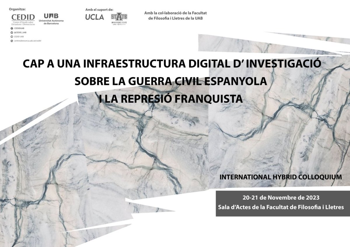 🗓️ Els propers 20-21 de novembre tindrà lloc, a @LletresUAB, el Col·loqui Internacional "Cap a una infraestructura digital d'investigació sobre la Guerra Civil espanyola i la repressió franquista". 

👥 Amb el suport d'<a href="/ArkansasState/">Arkansas State</a> i <a href="/UCLA/">UCLA</a>, així com de la citada Facultat.