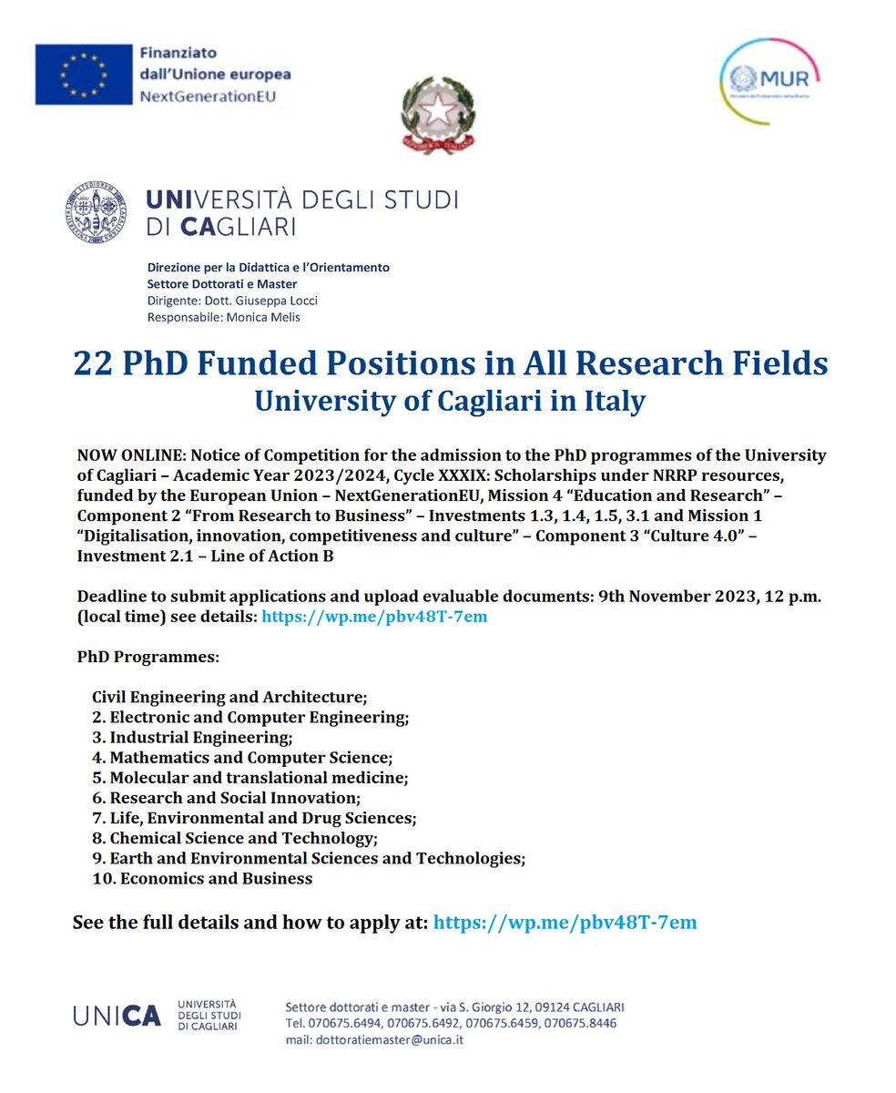 agristok's tweet photo. 📌 22 PhD Funded Positions in All Research Fields at University of Cagliari in Italy 🇮🇹... Please share and spread the word! For details visit: https://t.co/E0J4xXsWW2