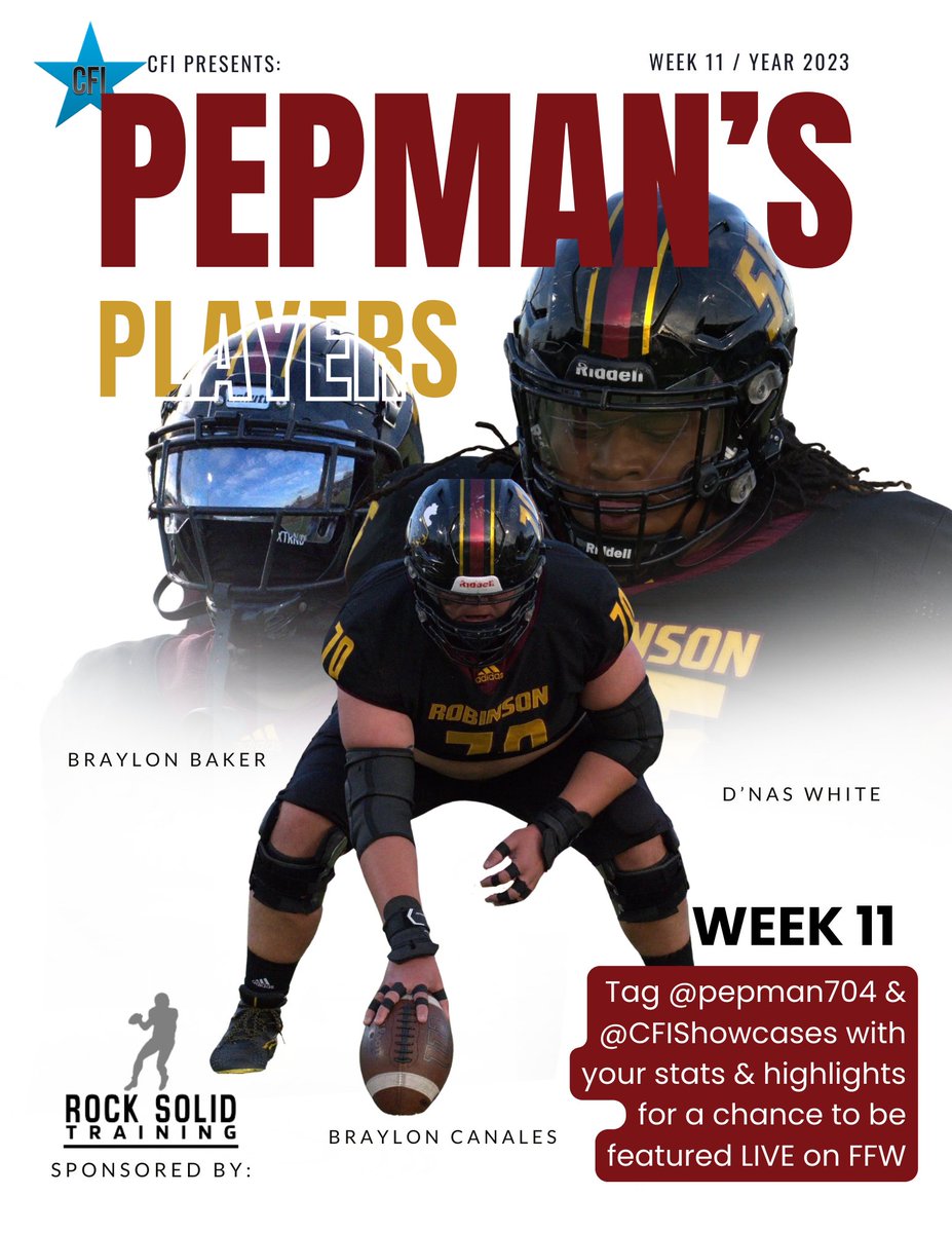 Coaches / Players / Parents:        

Have a big game tonight or know someone who did? Be sure to tag <a href="/pepman704/">Matt Morrow</a> &amp; <a href="/CFIShowcases/">CFI Showcase Camps</a> for a chance to be featured as a Pepman's Player next Wednesday night, LIVE on Football Focus Weekly.   Include HUDL, if possible.

FFW x RST