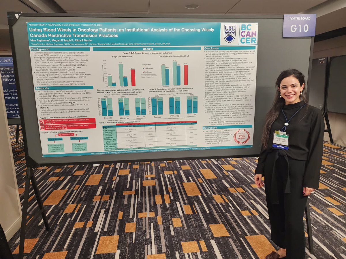 Huge congrats to former co-resident #MaeAlghawas presenting our resource stewardship efforts to improve restrictive blood 🩸 transfusion practices in oncology patients @BCCancer at the @ASCO #ASCOQLTY23 meeting today! 🎉 Cheering you on from clinic! 👏🏻 Celebrations tonight! 💃🏼