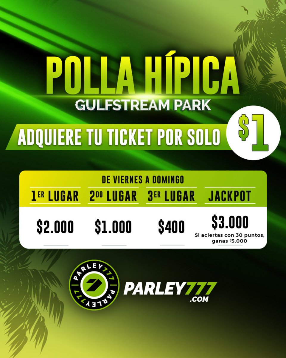 Estamos listos para Triplicar tu Suerte 🤑🤑🤑 con nuestra Polla Hípica Gulfstream Park 🐴

Con tan solo $1 de inversión, tú puedes ganar hasta $5.000 😱💰, si aciertas con 30 puntos. ¡Adquiere tus tickets ahora! 👏👏👏

#pollahipica #gulfstreampark #hipismo #apuestashipicas