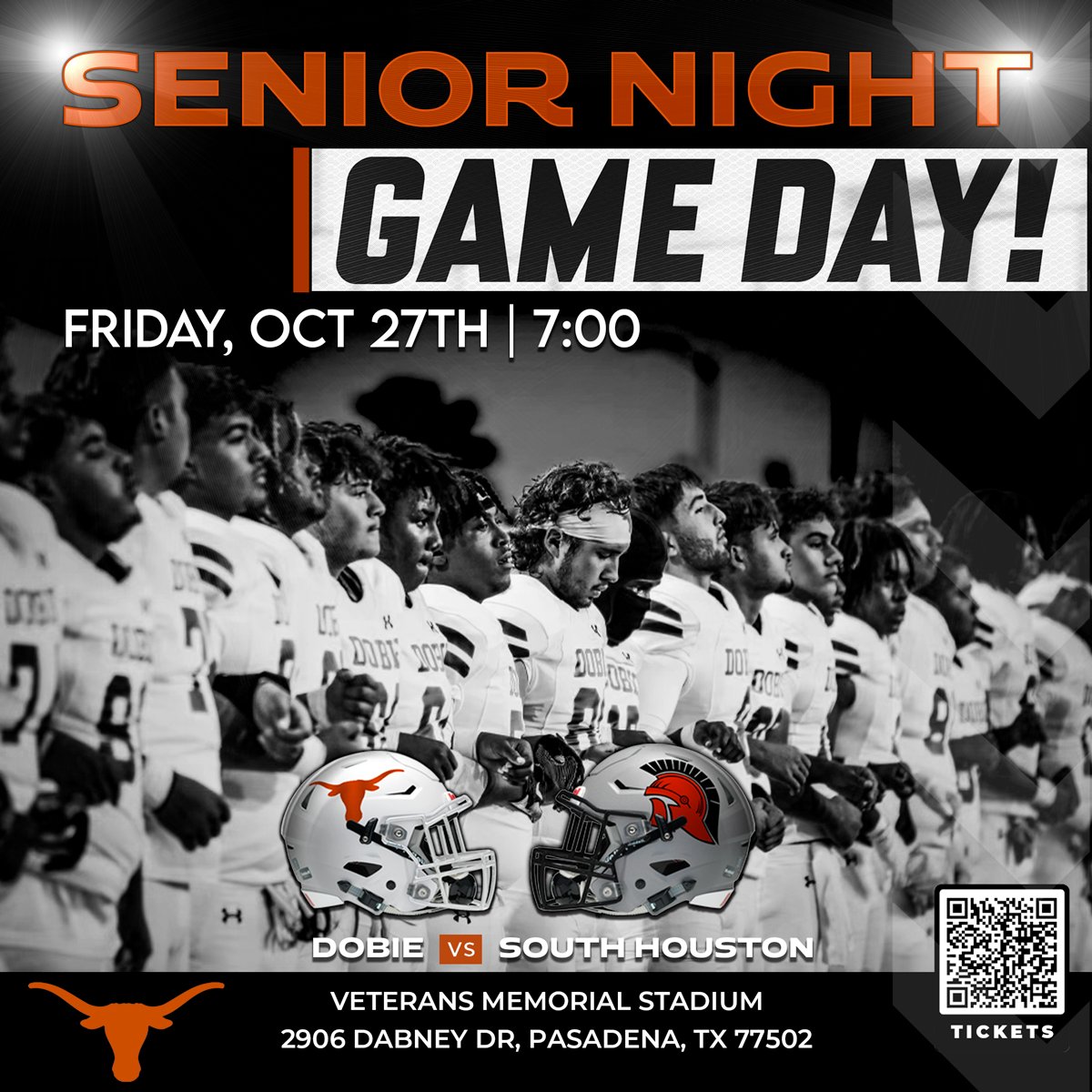 🏈 🚨 SENIOR Game Day! Dobie Varsity takes on South Houston tonight. Last District game for these Seniors! Let’s go close it out with a win! 

⏰ Game Time: 7:00pm

🏟️ Location: Veterans Memorial Stadium

📍Address: 2906 Dabney Dr, Pasadena Tx 77502