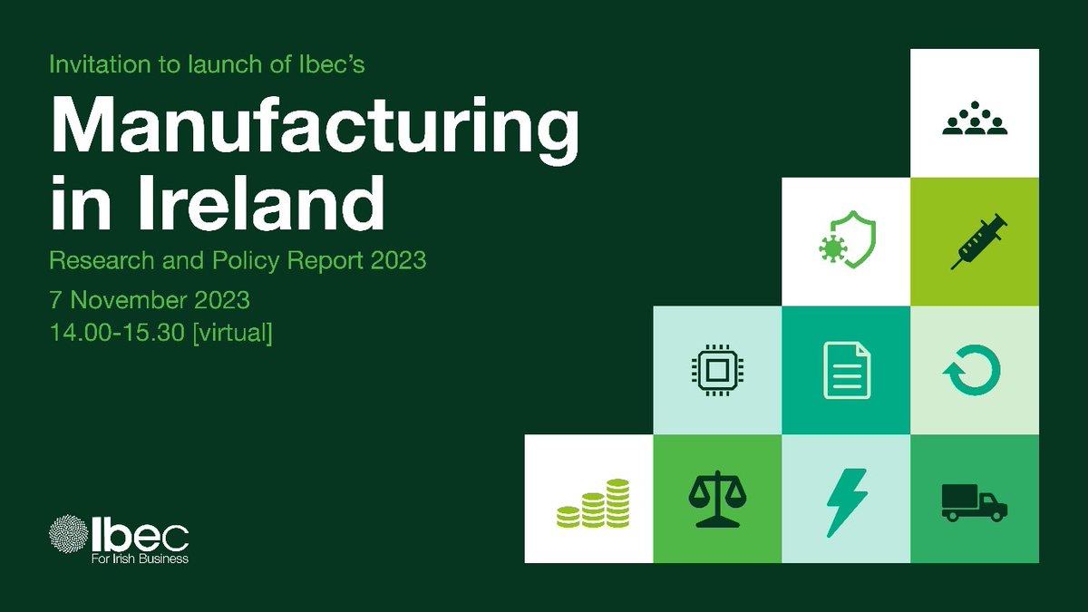 Join us for the launch of the Manufacturing in Ireland report with latest survey findings and highlights of policies to support manufacturing in the future ibec.ie/connect-and-le… #irishmanufacturing #manufacturingireland #makeinireland #irishindustry #manufacturingireland