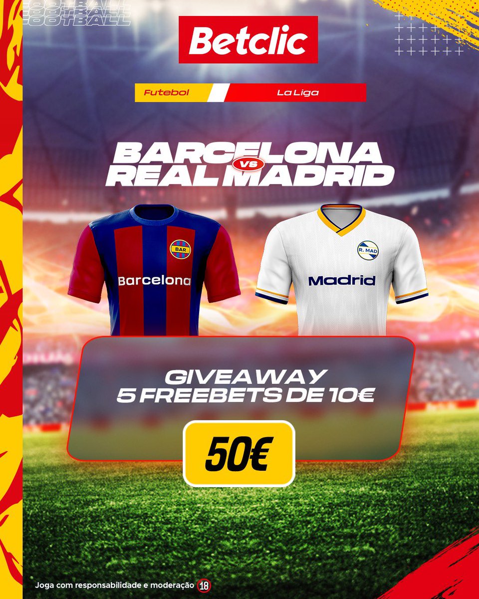GIVEAWAY 🚨

O El Clássico é já amanhã e vamos oferecer 10€ de freebets para 5 pessoas! Para participar:

-Comentar (adivinhar) um marcador + username na Betclic
-Seguir a <a href="/BetclicPortugal/">Betclic Portugal 🔞</a> 
-Dar retweet e like no post

Giveaway acaba sábado às 15:15! Boa sorte a todos 💪🏻🕯️👀