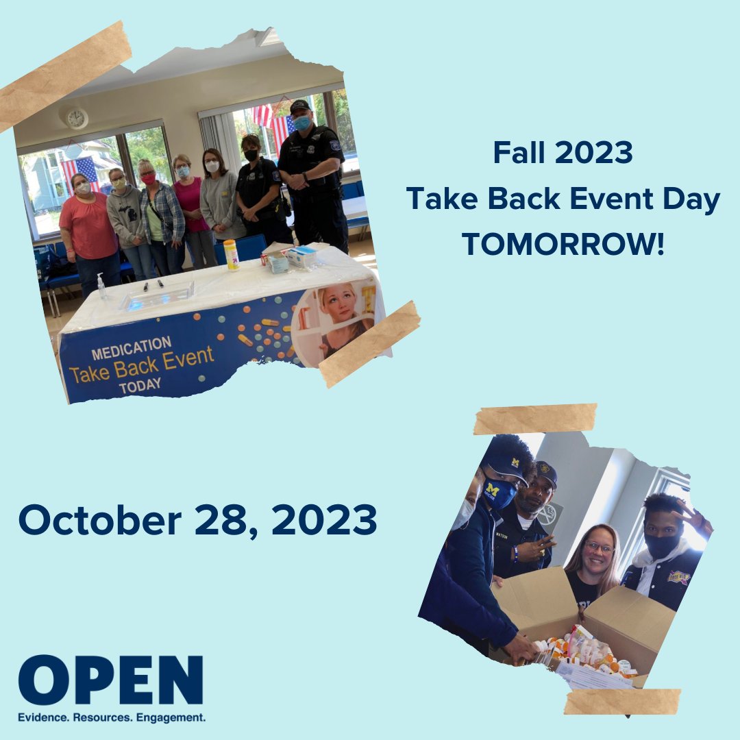 Tomorrow is the Fall 2023 Take Back Event, but it isn't too late to find ways to participate or a drop-off location near you! You can learn more about tomorrow's event here: michigan-open.org/events/2023-fa… #open #safestorage #safedisposal #TakeBackEvent #communityengagement
