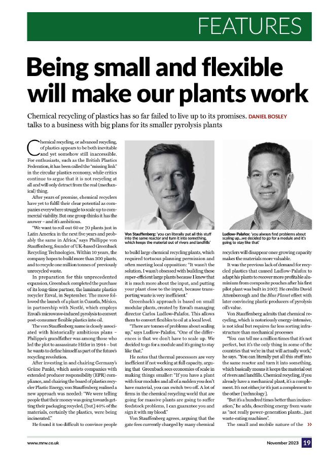 Check out the latest @MRWmagazine where @philippevonsta1 and @carlosludlow talk about Greenback's approach to #plastics #recycling.
