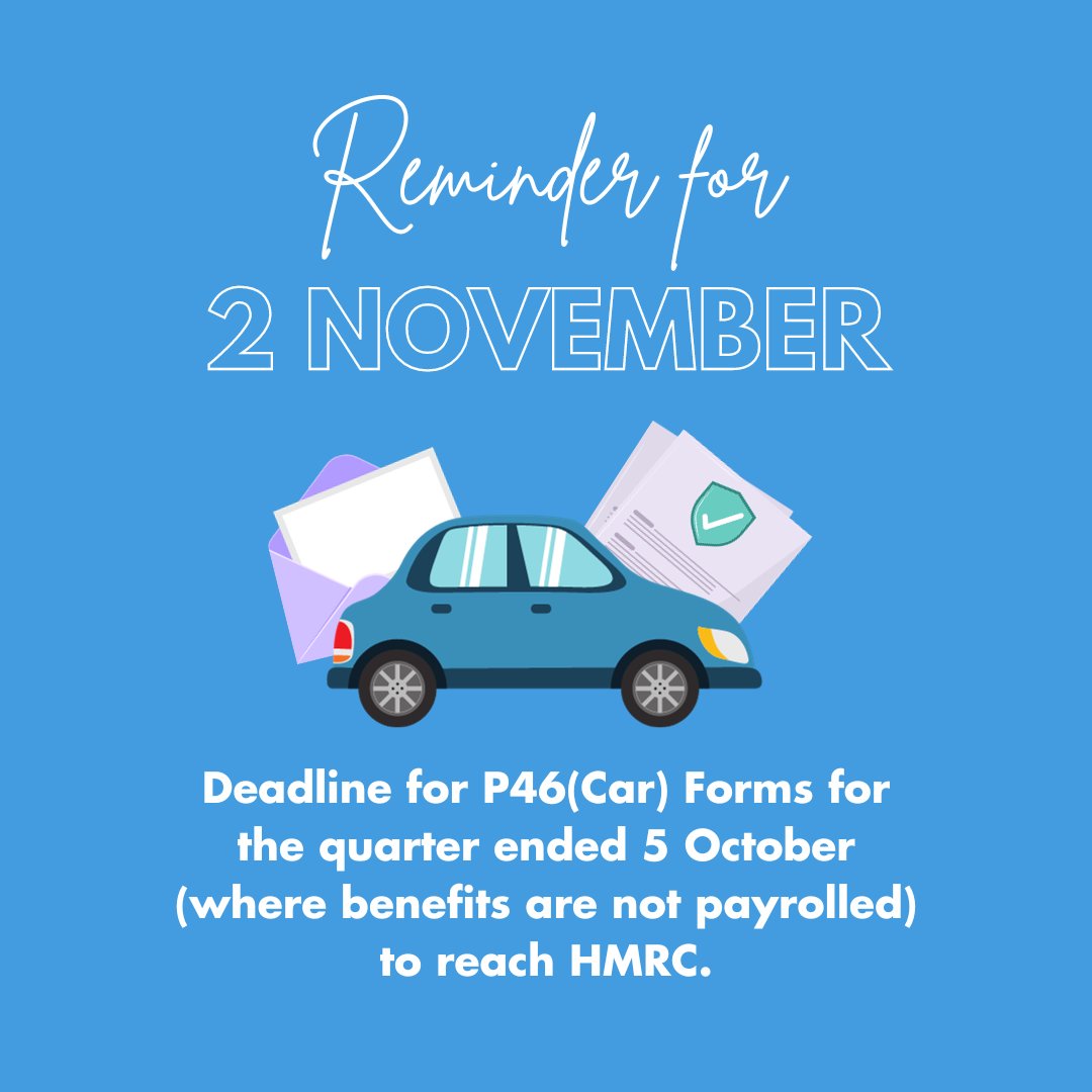 🚗 Reminder 🚗
 
Do you provide company cars for your employees?

If benefits are not payrolled, you must submit a P46(Car) form to HMRC by 2 November, for the quarter that ended on 5 October.

Contact us today for guidance.

#CompanyCar #TaxDeadline