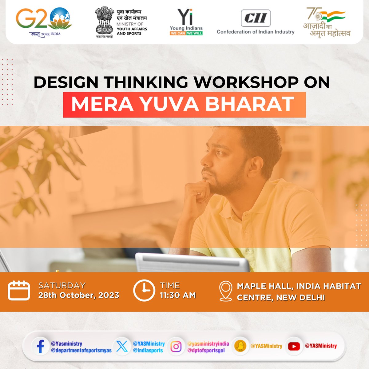 Join us for a captivating Design Thinking Workshop on #MeraYuvaBharat at Maple Hall, India Habitat Centre, New Delhi on 28th October 2023 at 11:30 AM.

Click the link below to join us 🔴 LIVE:
👉 youtube.com/live/ZgBCXVYTB…

#MYBharat