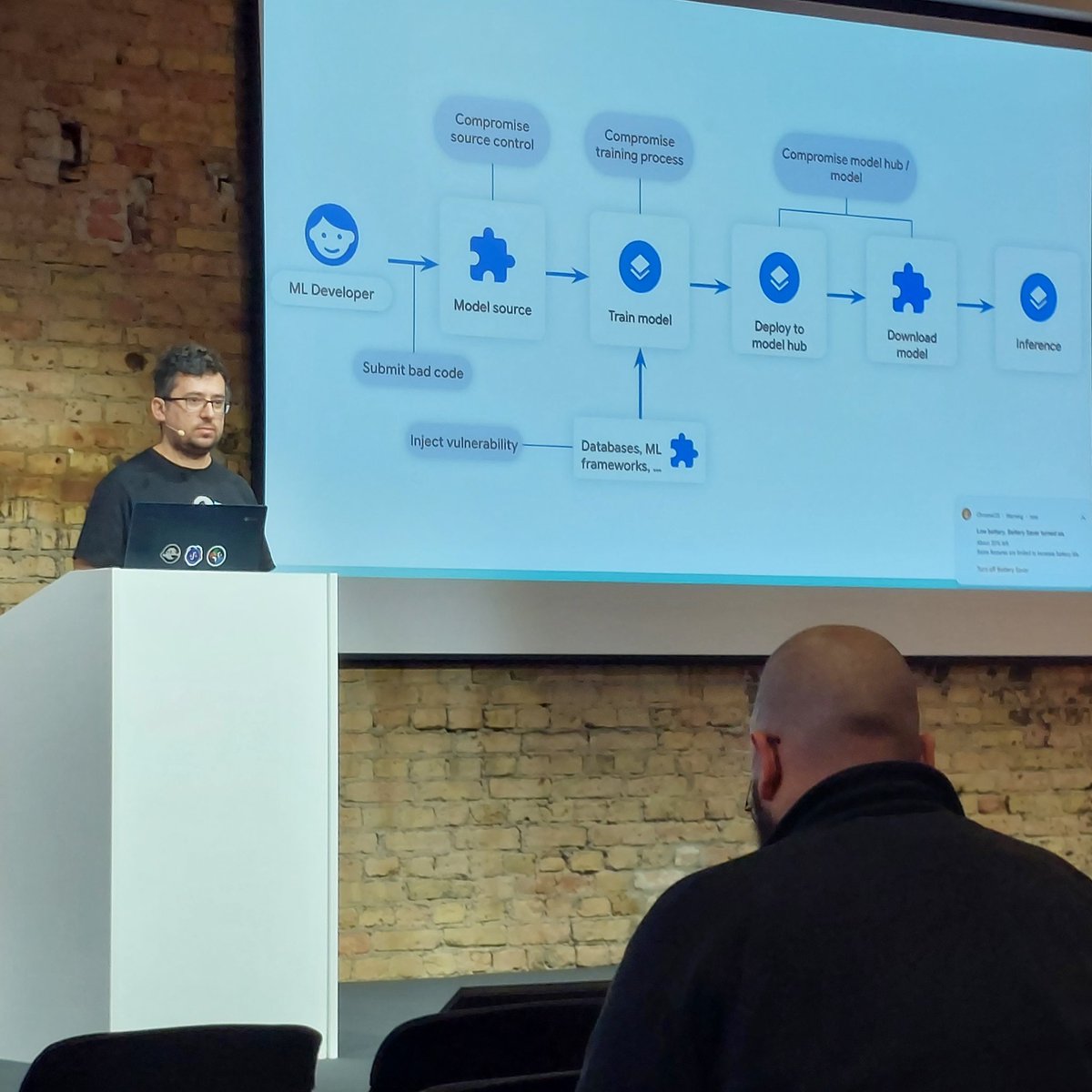 Very nice talk by @mihaimaruseac which proposes already existing solutions such as SLSA or @projectsigstore to secure AI/ML the same way as traditional software @packagingcon