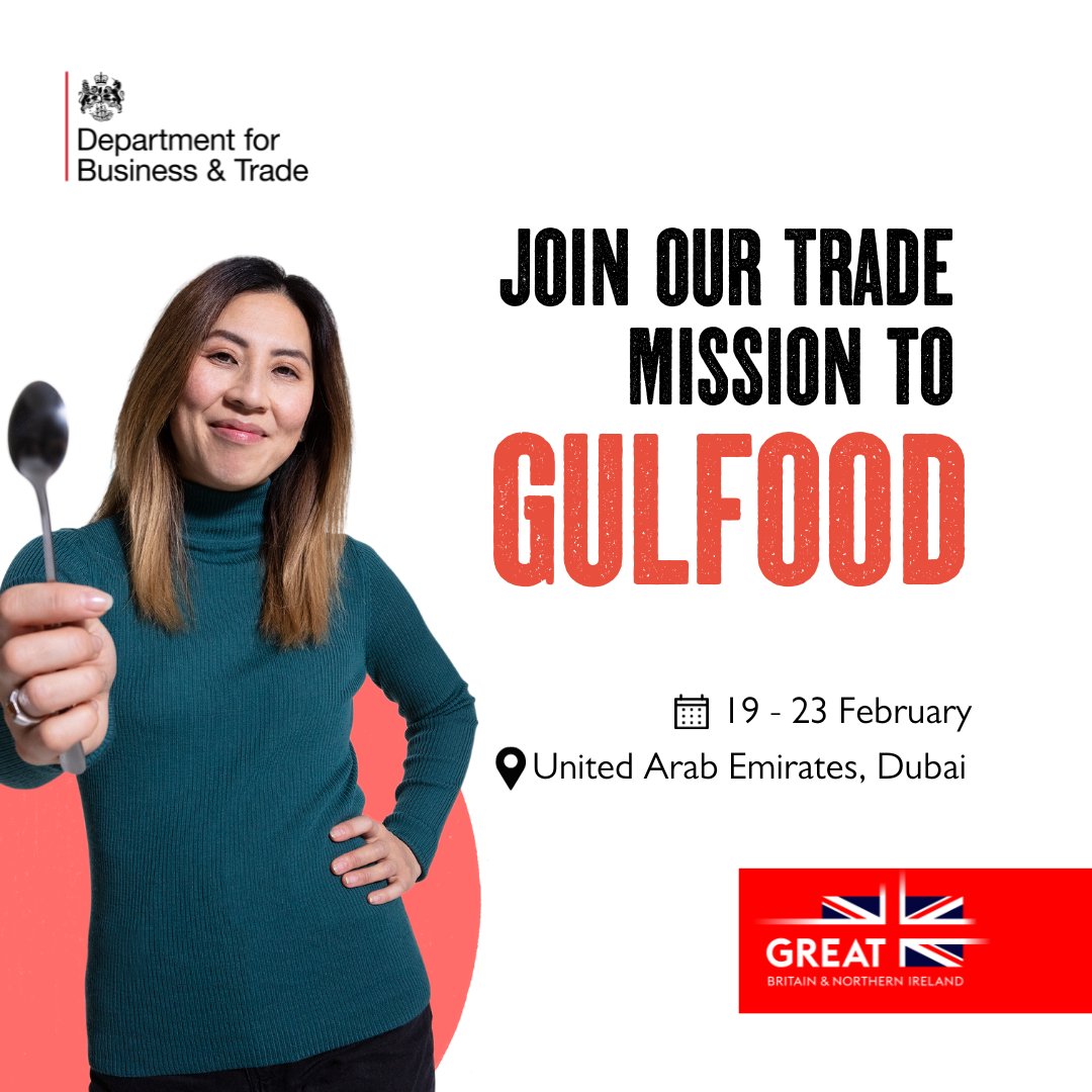 Are you looking to grow your #food and #drink business overseas?🍽️ Introduce your flavours to the world on our trade mission to @Gulfood and explore the opportunities to build your export business in the UAE marketplace Click to register your interest 👉bit.ly/3sbntpe