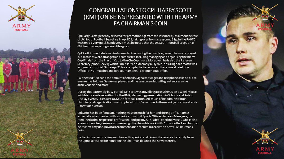 Armyfa1888's tweet photo. Fantastic to see one of our Army Referees recognised for the hard work they’ve put into Army Football.

Congratulations Cpl Harry Scott👏🏻 https://t.co/MAc2WNRJhV