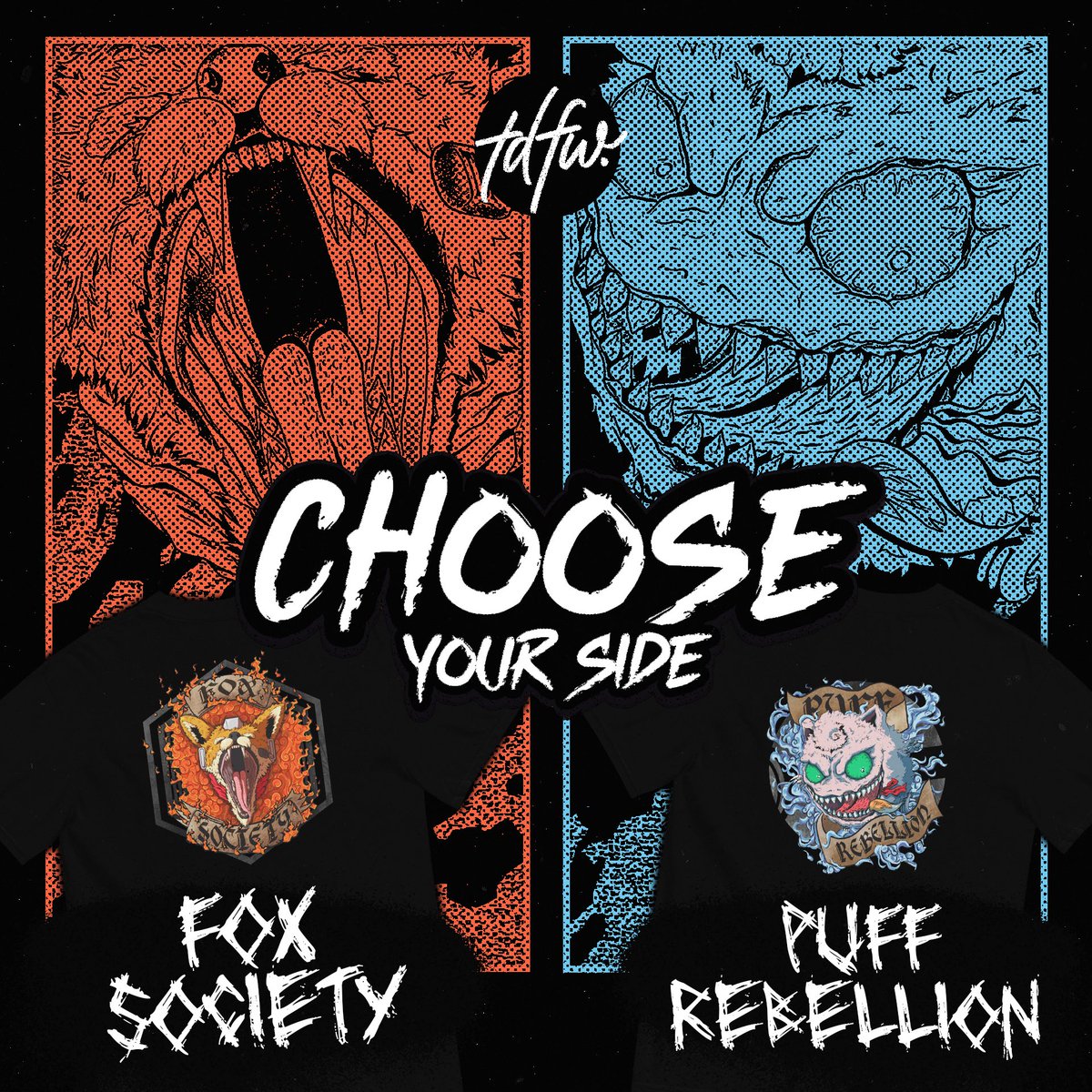 CHOOSE YOUR SIDE 🦊😮‍💨 and win a free t-shirt from my latest collection!

To enter:
- Like and RT this post 
- Follow <a href="/turndownforwalt/">turndownforwalt</a> 
- Comment your side

Ends Halloween, 10/31. Good luck!