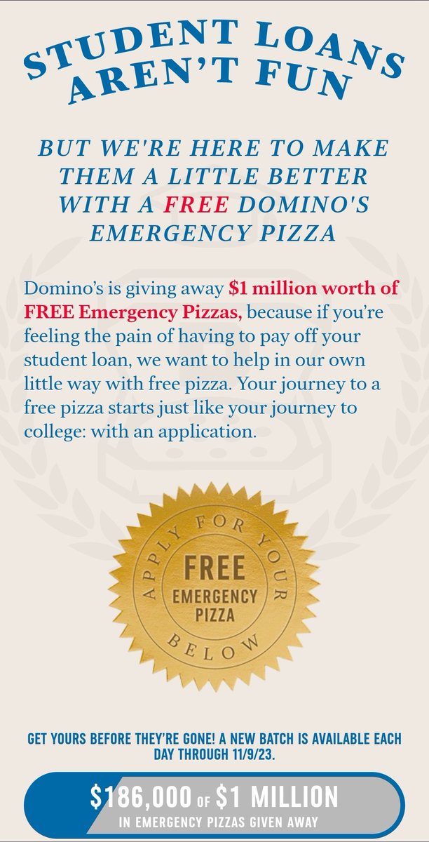 Announcement: Dominoes Pizza is giving away free pizza to ease the return of student loan payments!
#StudentLoans2023