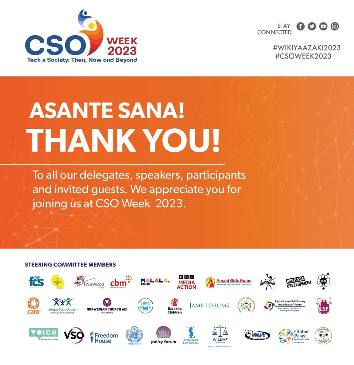 CSOWeek's tweet photo. Thank you to all our Delegates, speakers, participants, and Invited guests.
We appreciate you for joining us at CSO Week 2023.
#CSOWeek2023
#WikiYaAzaki2023 https://t.co/dq71YFm410