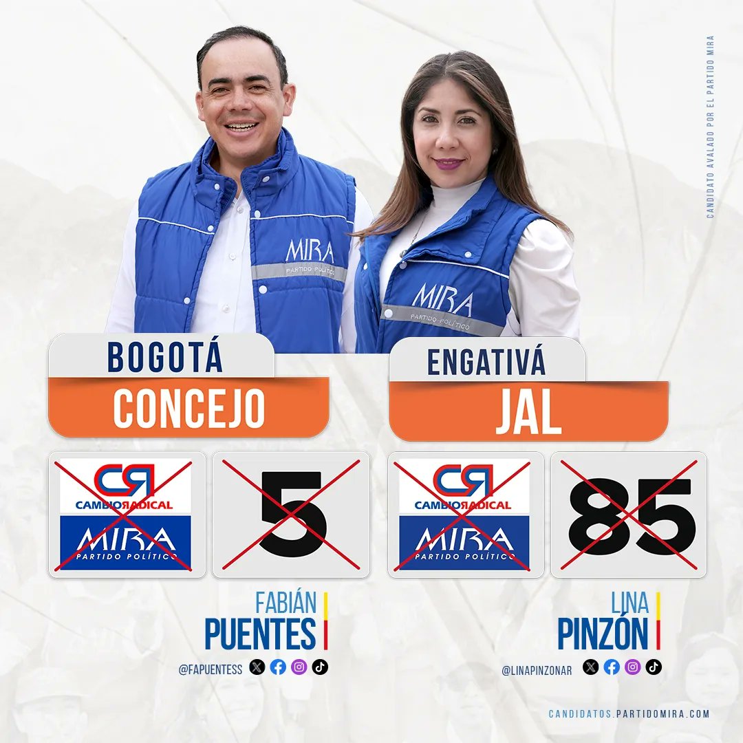 LinaPinzonAr's tweet photo. ¡Nos quedan pocos días!. 🖐️

Comparte esta información con tus amigos y familiares para que puedan votar, y así apoyar los candidatos del @PartidoMIRA.

Ubica el logo de MIRA y marca el 5️⃣, para el Concejo de Bogotá.

Ubica el logo de MIRA y marca el 8️⃣5️⃣ para JAL de Engativá. https://t.co/GY6BOnxUx0