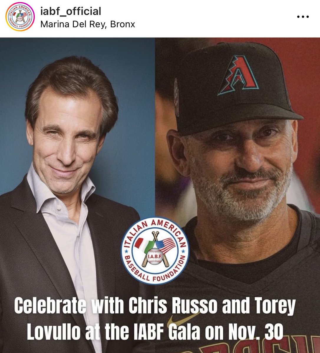True story: Torey Lovullo and ⁦@MadDogUnleashed⁩ are both scheduled to appear at the ⁦@IABF5⁩ gala next month in New York! 🇮🇹🇺🇸 ⁦@MLBNetwork⁩