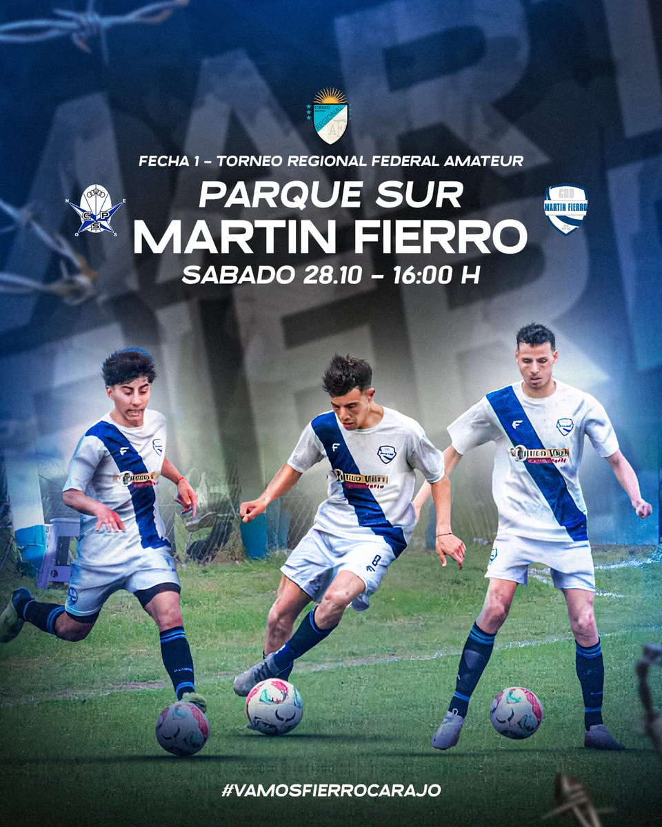 CDDMF's tweet photo. Torneo Regional Federal Amateur

Sábado 28/10

Fecha 1 - El Fierro viaja a Concepción del Uruguay

Parque Sur vs Martín Fierro

🏟️Estadio Marcos Comte
🕓16:00 hs
 #TorneoRegional #alfederallojugamostodos #elfierroesnacional #SomosLaCiudad #VAMOSFIERROCARAJO 🤍💙🤍⚽🦈💪 https://t.co/OZ8xu2wnKw