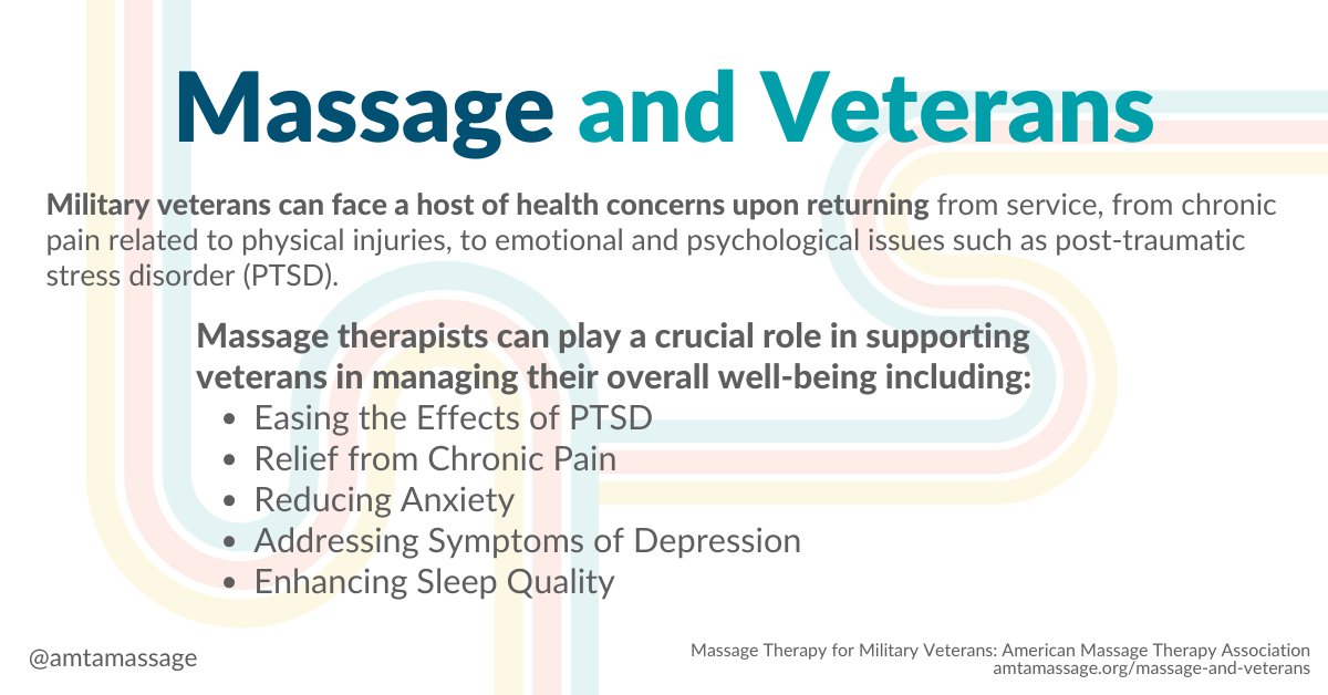 AMTAmassage's tweet photo. When returning home from service, military veterans can face many health concerns such as chronic pain and PTSD. On Day 6 of #NMTAW, discover how massage therapy can play a crucial role in supporting veterans as they manage their overall well-being: https://t.co/wAHD9XTZut https://t.co/bLS0NLp3YL