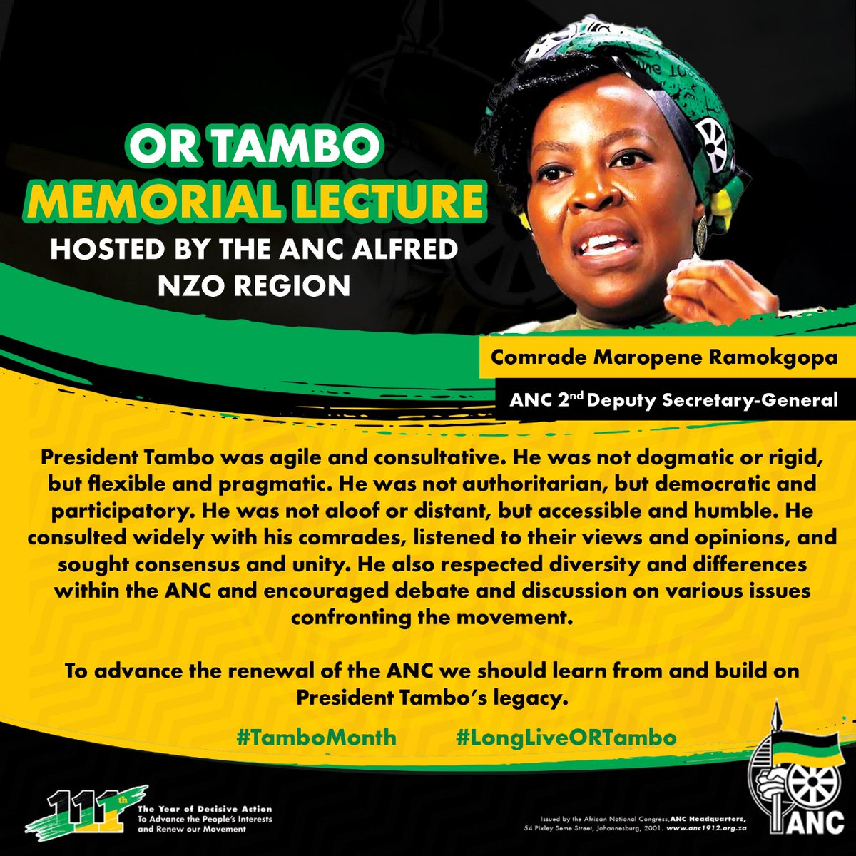 MaropeneRamo's tweet photo. 3. To advance the renewal of the ANC we should learn from and build on President Tambo’s legacy.
#TamboMonth
#LongLiveORTambo
#ORTamboMemorialLecture https://t.co/Bewdq1V4UJ