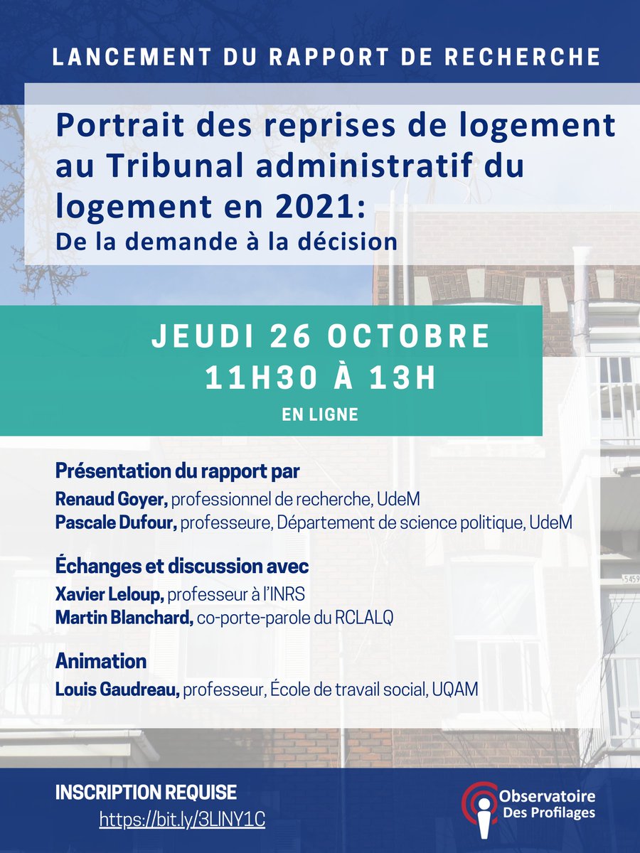 📽️ Pour voir ou revoir le webinaire de lancement du rapport de recherche “Portrait des reprises de logement au Tribunal administratif du logement en 2021: De la demande à la décision” du 26 octobre dernier, rendez-vous sur notre chaîne YouTube!
👉youtu.be/Ok-xB9jsfSg?si…