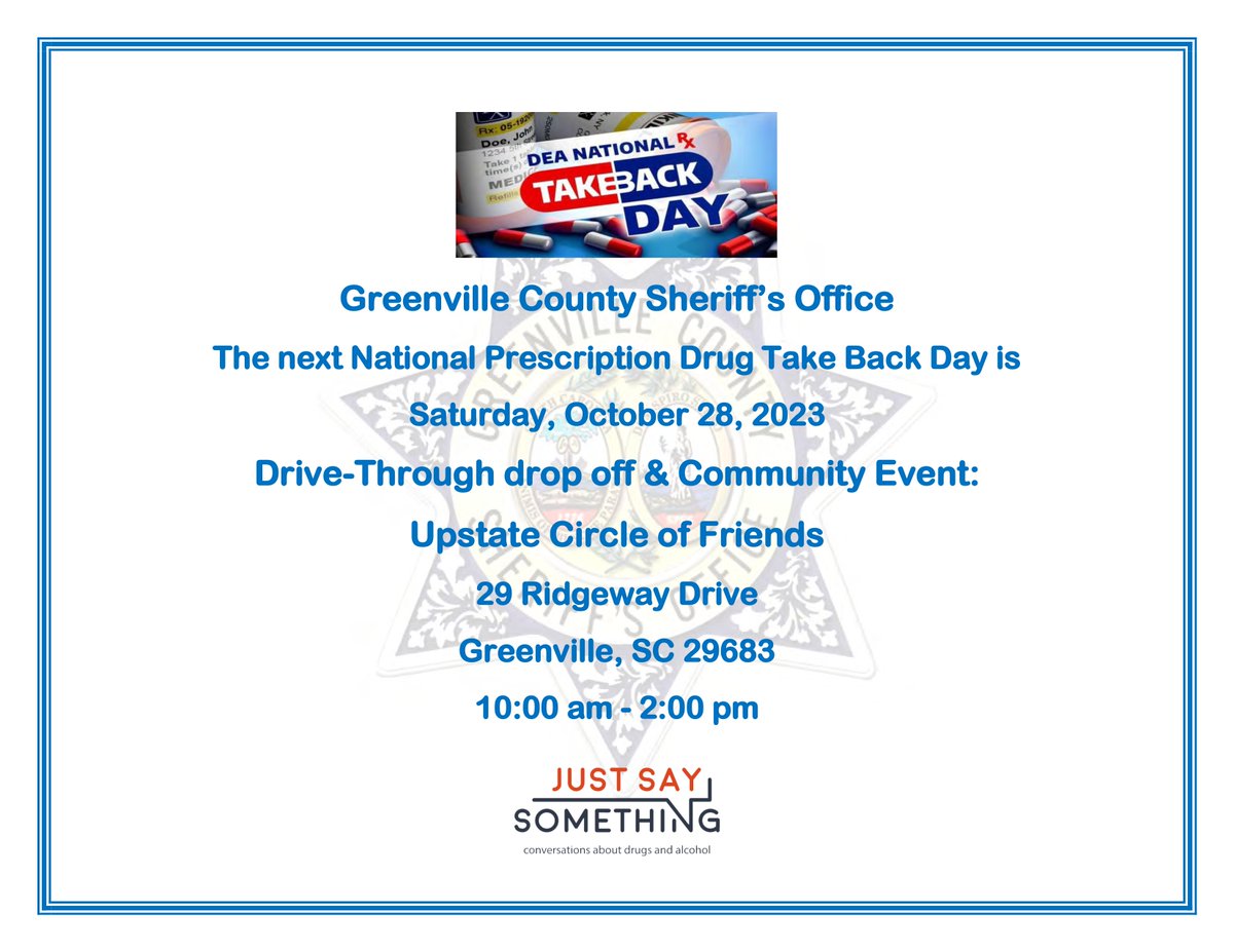 justsaysc's tweet photo. Got any out-of-date or unused meds to get rid of? Safely dispose of them THIS SATURDAY @ the Greenville County Sheriff’s #RxTakeBackDay from 10-2PM @ Upstate Circle of Friends, 29 Ridgeway Dr.. See you there!

https://t.co/CLmLnZLdQA
https://t.co/pIlN69YgXK https://t.co/SfXAhimFf7