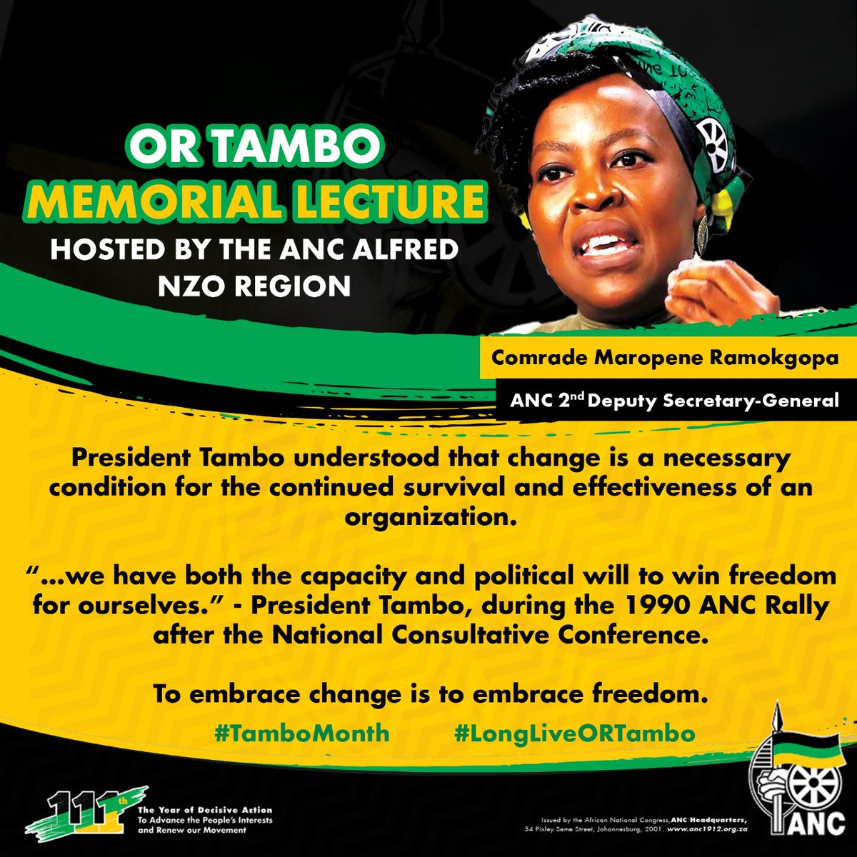 MaropeneRamo's tweet photo. 4. In the words of President OR Tambo at the 1987 Arusha Conference;
“Together we shall win”
#TamboMonth
#LongLiveORTambo
#ORTamboMemorialLecture https://t.co/LLCS1HBc8X