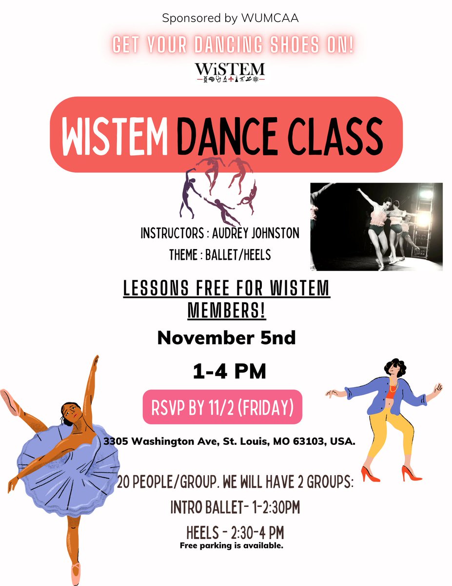 💃Want to learn intro ballet/heels? Want to have fun with friends and learn some cool moves? WiSTEM is having a dance lesson on November 5th, from 1-4 pm. You can sign up for one or both dances. Please RSVP by November, 2nd: docs.google.com/spreadsheets/d…