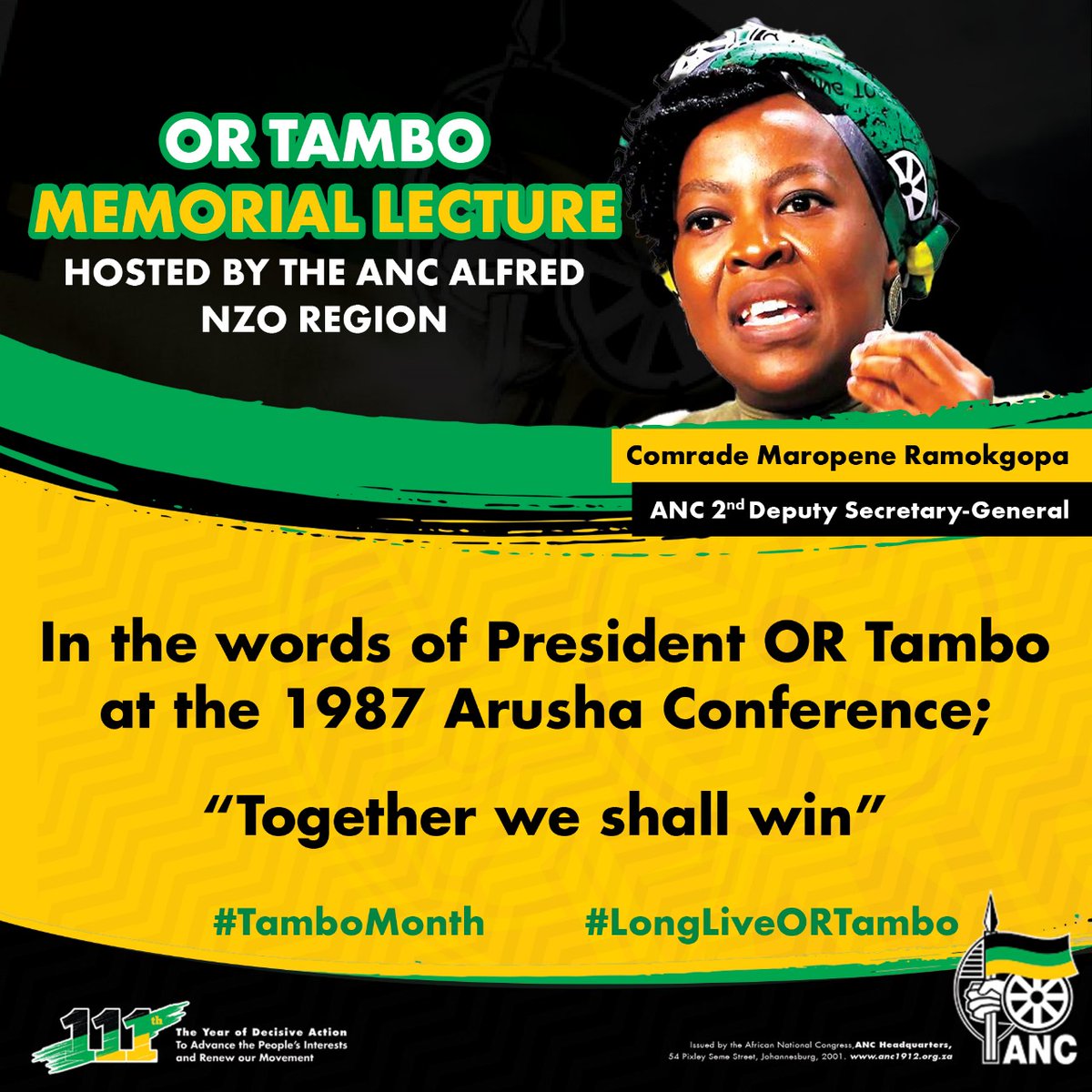 MaropeneRamo's tweet photo. 4. In the words of President OR Tambo at the 1987 Arusha Conference;
“Together we shall win”
#TamboMonth
#LongLiveORTambo
#ORTamboMemorialLecture https://t.co/LLCS1HBc8X