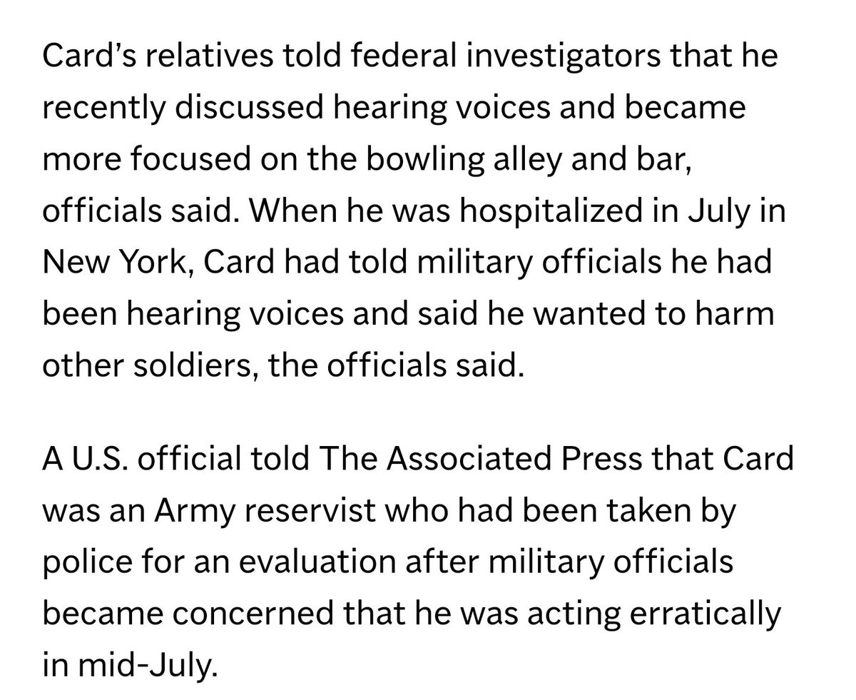 thoughtbench's tweet image. So many people knew the shooter was mentally disturbed in a big way.
- the Military staff who called police 3 months ago
- the Hospital and mental health facility where he was admitted for two weeks
- family members who also stated he was focused on the bar and bowling alley and…