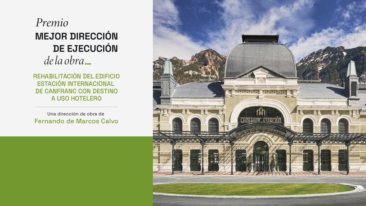 #GalaEdificación #PremiosEdificación Fernando de Marcos Calvo premio como Mejor dirección de ejecución de obra, por su intervención en la obra de construcción de Rehabilitación del edificio Estación Internacional de Canfranc con destino a uso hotelero. Recoge el premio el mismo.