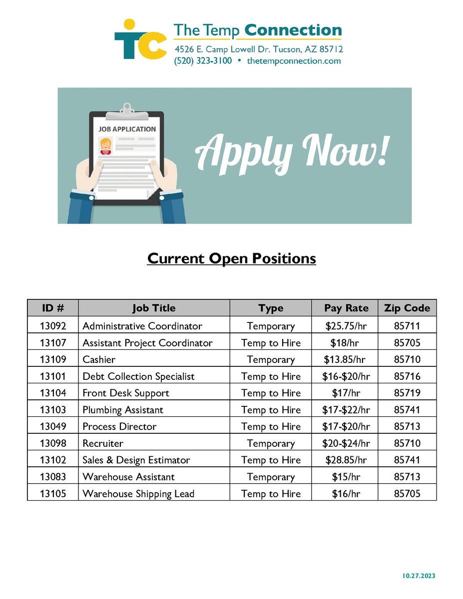 Apply Now! 

#thetempconnection #jobs #localtucson #temptohire #temp #work #staffingagency #staffing #womenowned #hiring #iamhiring #CurrentOpenings #temporarywork #DirectHire #tucsonstaffingagency