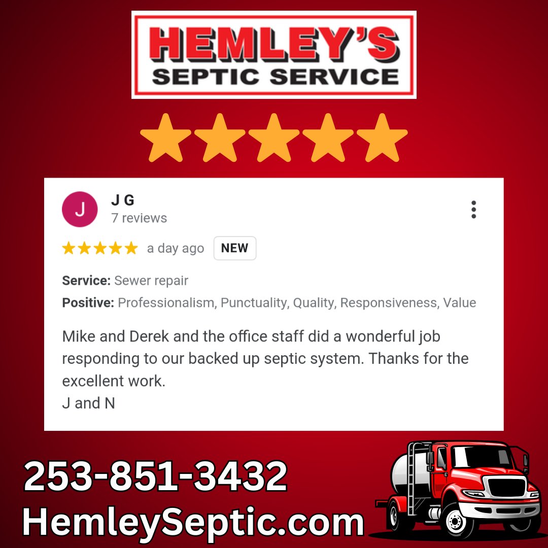 💌✨We are so grateful for our customers!

👨🏼‍🔧🚛🚽 Hemley's Septic, Serving You, Since '62! 
📱Call Today! 253-851-3432
💻 hemleyseptic.com

#hemleyseptic #hemleysseptic #gigharbor #tacomawa  #masoncounty #piercecounty #thurstoncounty #kitsapcounty