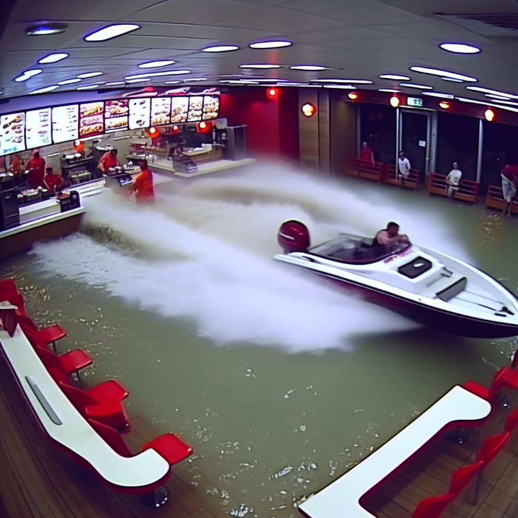 pixfor6's tweet image. Speedboat in a flooding KFC
#Speedboat #KFC #flooding #Florida #CCTV #securitycam #boat #restaurant #FastFood