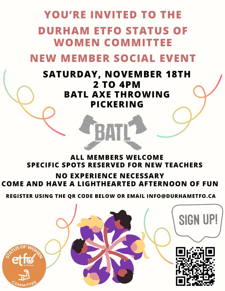 Come out and try axe throwing! Durham ETFO Status of Women Committee invites you to this special event on November 18th from 2-4pm. Register here: forms.gle/szBSi9i4XvUE1s…