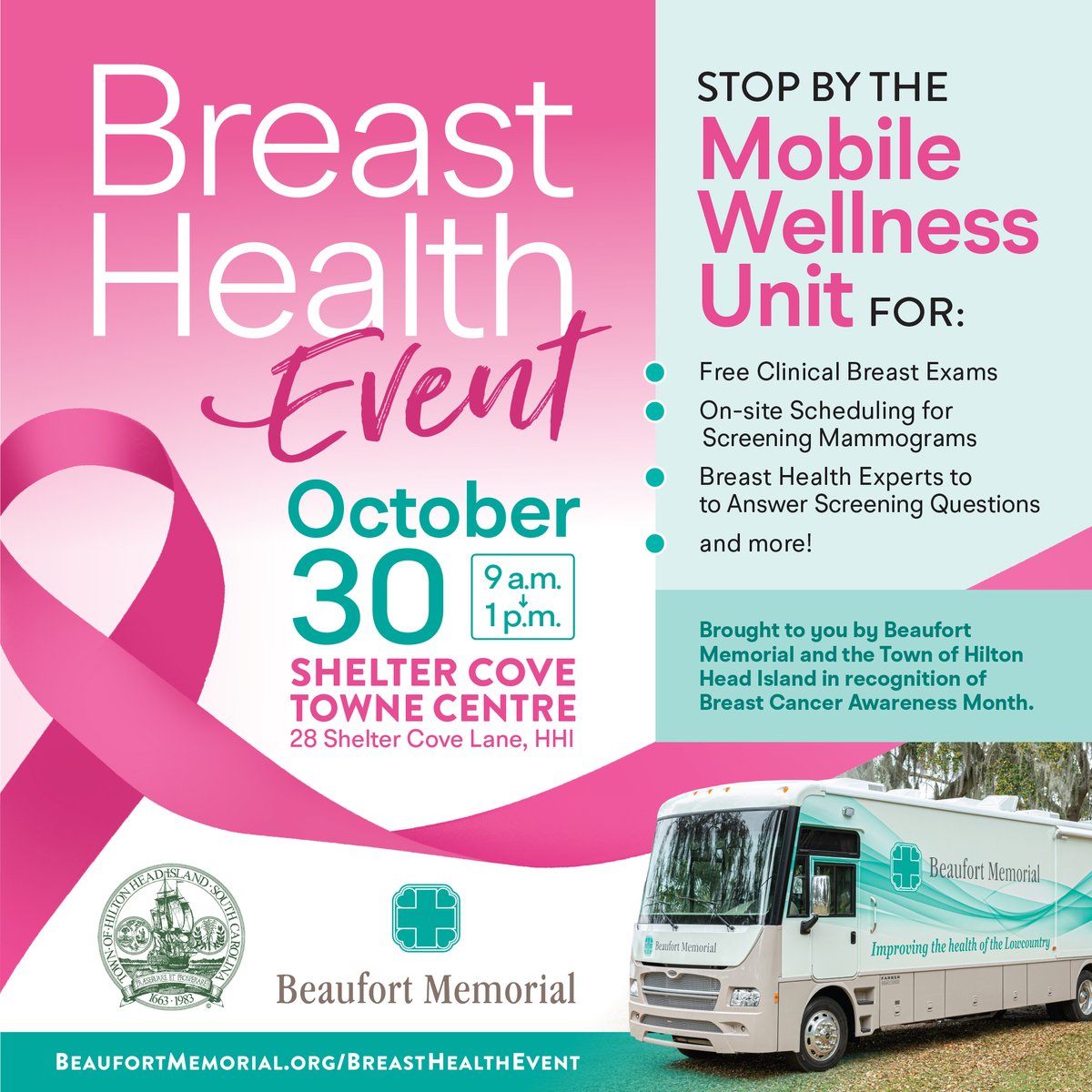 TownofHHI's tweet photo. 🌸 Join Us for a Breast Health Event 🌸
Monday, Oct. 30, from 9 a.m. to 1 p.m. at Shelter Cove Towne Centre! FREE clinical breast exams, schedule mammograms, and ask our experts your questions! 💕
https://t.co/XhuI4N8Mb7
.
.
#TownofHHI #BreastHealthEvent #BreastCancerAwareness https://t.co/C2NMtFqKbV