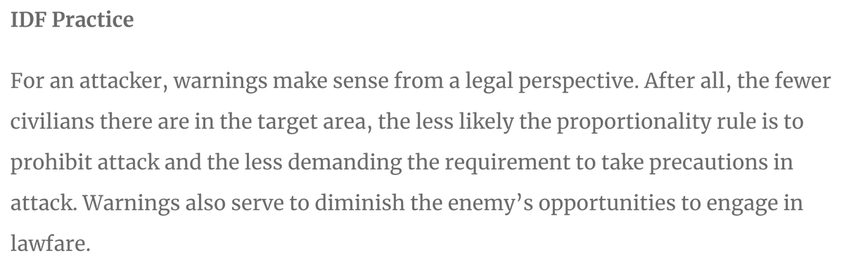 AdHaque110's tweet photo. To be clear, IHL requires warning civilians of *otherwise lawful* attacks.

Telling civilians that you plan to carry out an attack that would be prohibited if they remain in place is not a warning.

It is a threat to unlawfully kill them. https://t.co/iW8oJoKxmS