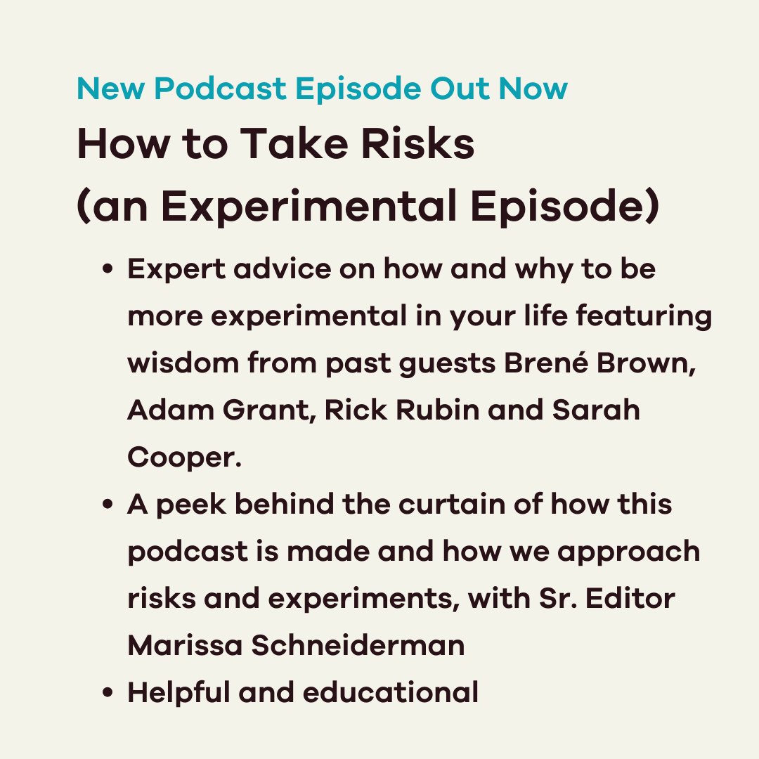 New episode about risk taking and experimenting. We hoped it would be helpful & educational while also giving you a fun peek behind the scenes (and also allowing us to be blatantly self-promotional in the process—a win/win!) Hosted by @danbharris - Listen: link.chtbl.com/vkXrc80T