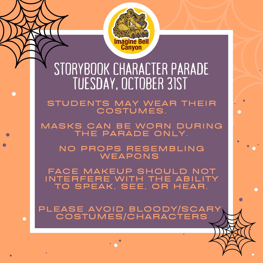 IBCPreK8's tweet photo. Calling all Cheetah Parents! Join us on Tuesday, October 31st for our Annual Storybook Character Parade! #ImagineSchools #ImagineBellCanyon #Parade https://t.co/Z8MNootaYy