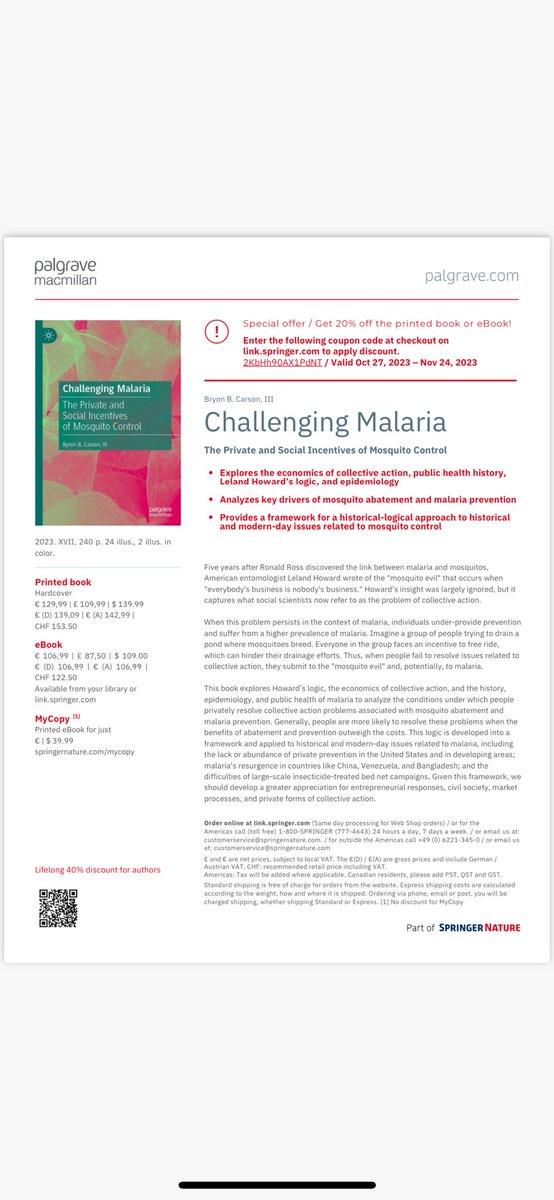 TCarsonIII's tweet image. 🚨Pleased to share my new book with Palgrave Macmillan! Take a look and share! Discount in the flyer! 

Link: link.springer.com/book/10.1007/9…

#malaria #mosquitocontrol #economics #collectiveaction #development #incentives #privateenterprise #civilsociety #ostrom #tullock #tocqueville